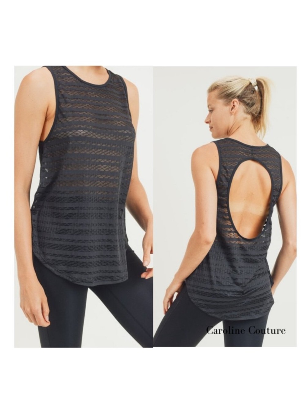 Mono B Black Lace-Striped Open-Back Tank